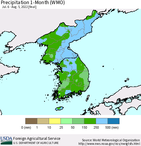Korea Precipitation 1-Month (WMO) Thematic Map For 7/6/2022 - 8/5/2022