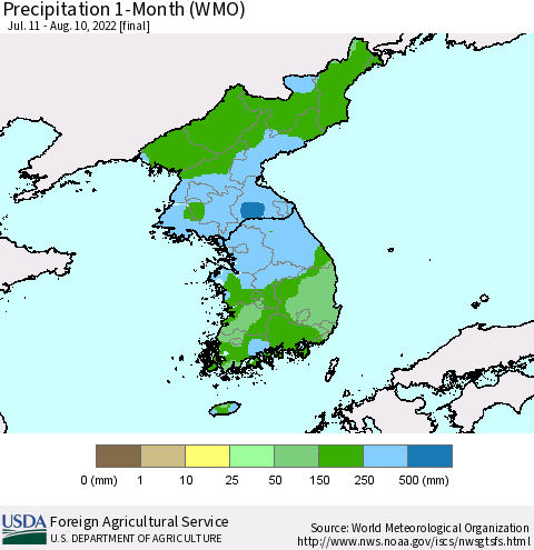 Korea Precipitation 1-Month (WMO) Thematic Map For 7/11/2022 - 8/10/2022