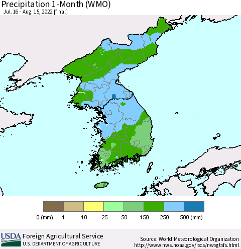 Korea Precipitation 1-Month (WMO) Thematic Map For 7/16/2022 - 8/15/2022