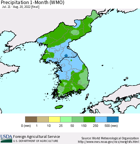 Korea Precipitation 1-Month (WMO) Thematic Map For 7/21/2022 - 8/20/2022