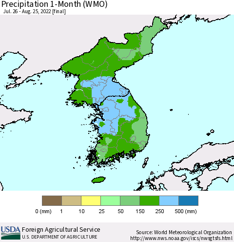 Korea Precipitation 1-Month (WMO) Thematic Map For 7/26/2022 - 8/25/2022