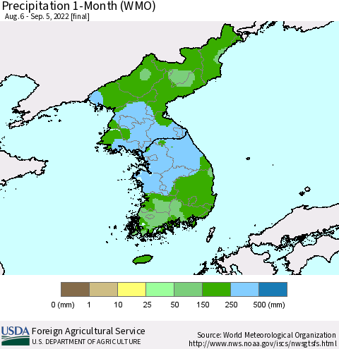 Korea Precipitation 1-Month (WMO) Thematic Map For 8/6/2022 - 9/5/2022