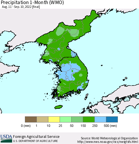 Korea Precipitation 1-Month (WMO) Thematic Map For 8/11/2022 - 9/10/2022