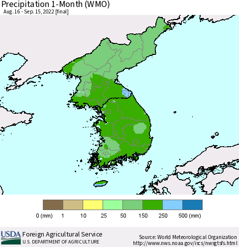 Korea Precipitation 1-Month (WMO) Thematic Map For 8/16/2022 - 9/15/2022