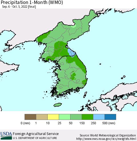 Korea Precipitation 1-Month (WMO) Thematic Map For 9/6/2022 - 10/5/2022