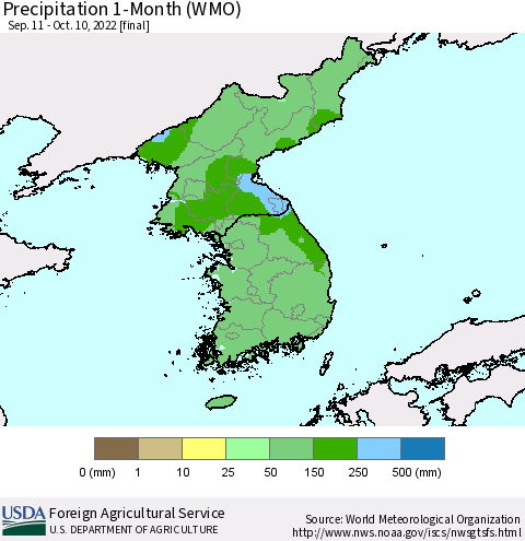 Korea Precipitation 1-Month (WMO) Thematic Map For 9/11/2022 - 10/10/2022