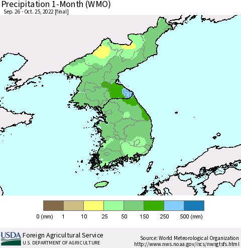 Korea Precipitation 1-Month (WMO) Thematic Map For 9/26/2022 - 10/25/2022