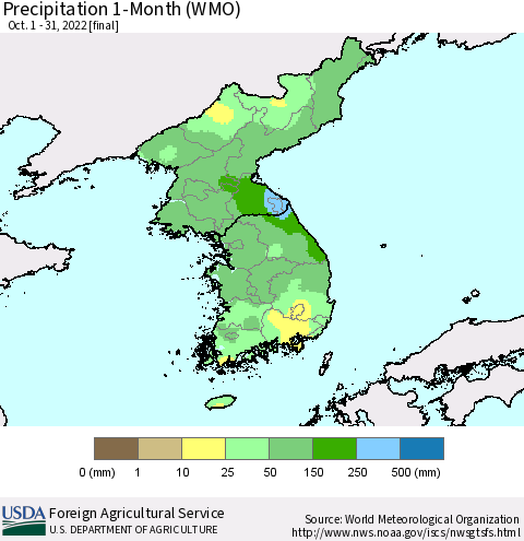 Korea Precipitation 1-Month (WMO) Thematic Map For 10/1/2022 - 10/31/2022