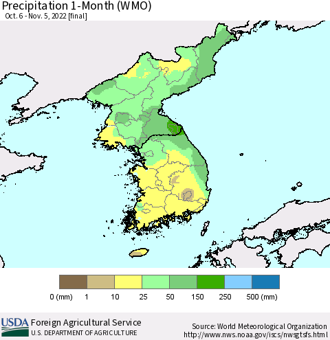 Korea Precipitation 1-Month (WMO) Thematic Map For 10/6/2022 - 11/5/2022