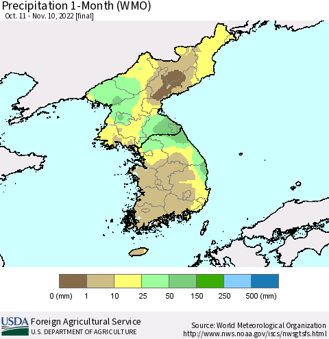 Korea Precipitation 1-Month (WMO) Thematic Map For 10/11/2022 - 11/10/2022