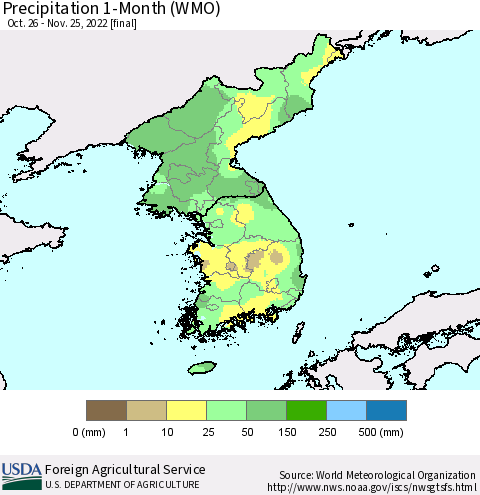 Korea Precipitation 1-Month (WMO) Thematic Map For 10/26/2022 - 11/25/2022