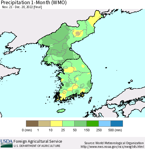 Korea Precipitation 1-Month (WMO) Thematic Map For 11/21/2022 - 12/20/2022