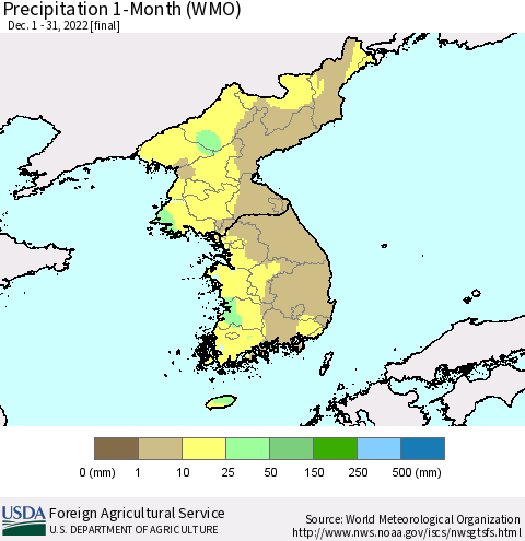 Korea Precipitation 1-Month (WMO) Thematic Map For 12/1/2022 - 12/31/2022