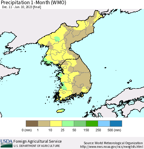 Korea Precipitation 1-Month (WMO) Thematic Map For 12/11/2022 - 1/10/2023