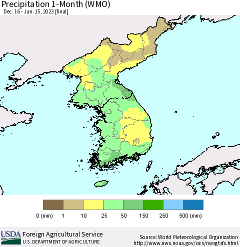 Korea Precipitation 1-Month (WMO) Thematic Map For 12/16/2022 - 1/15/2023