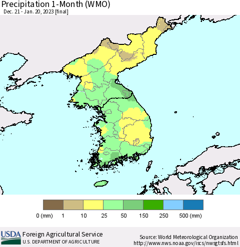 Korea Precipitation 1-Month (WMO) Thematic Map For 12/21/2022 - 1/20/2023