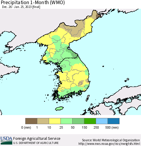 Korea Precipitation 1-Month (WMO) Thematic Map For 12/26/2022 - 1/25/2023