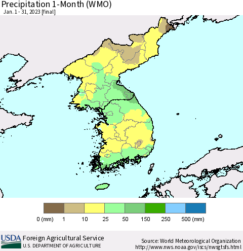 Korea Precipitation 1-Month (WMO) Thematic Map For 1/1/2023 - 1/31/2023