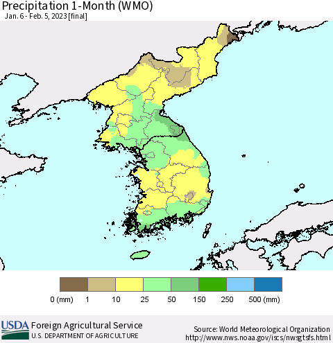 Korea Precipitation 1-Month (WMO) Thematic Map For 1/6/2023 - 2/5/2023