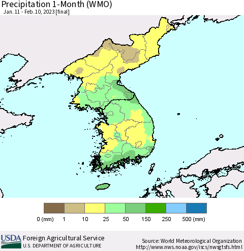 Korea Precipitation 1-Month (WMO) Thematic Map For 1/11/2023 - 2/10/2023