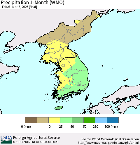 Korea Precipitation 1-Month (WMO) Thematic Map For 2/6/2023 - 3/5/2023