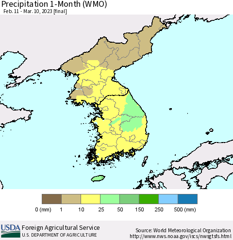 Korea Precipitation 1-Month (WMO) Thematic Map For 2/11/2023 - 3/10/2023