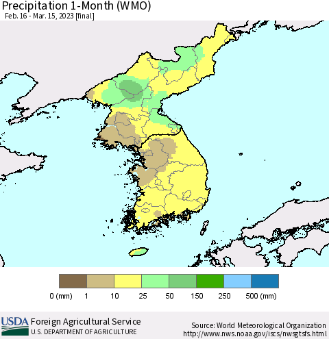 Korea Precipitation 1-Month (WMO) Thematic Map For 2/16/2023 - 3/15/2023