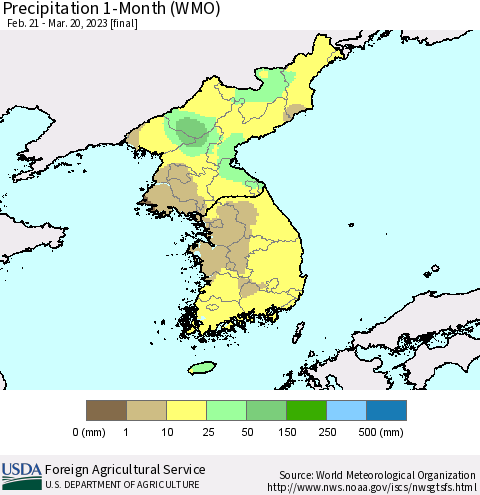 Korea Precipitation 1-Month (WMO) Thematic Map For 2/21/2023 - 3/20/2023