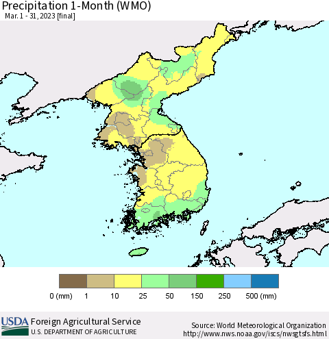 Korea Precipitation 1-Month (WMO) Thematic Map For 3/1/2023 - 3/31/2023