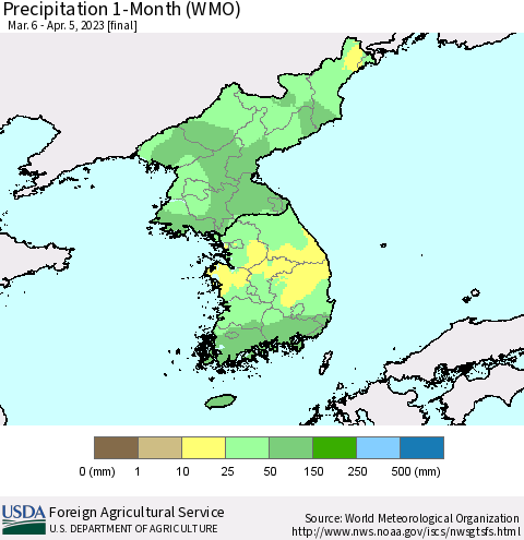 Korea Precipitation 1-Month (WMO) Thematic Map For 3/6/2023 - 4/5/2023