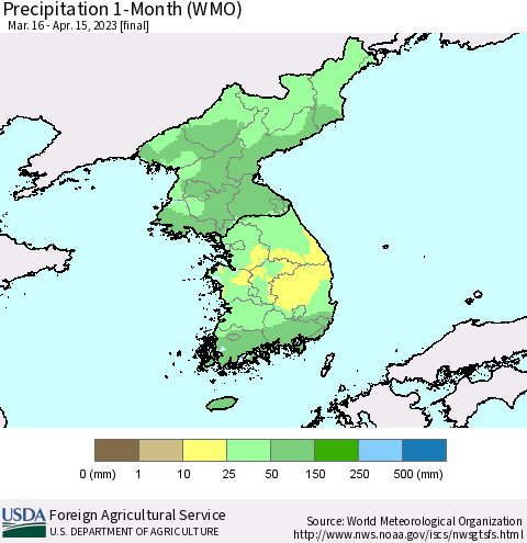 Korea Precipitation 1-Month (WMO) Thematic Map For 3/16/2023 - 4/15/2023