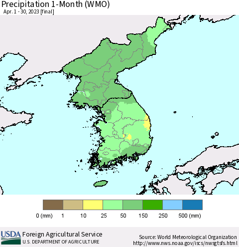Korea Precipitation 1-Month (WMO) Thematic Map For 4/1/2023 - 4/30/2023