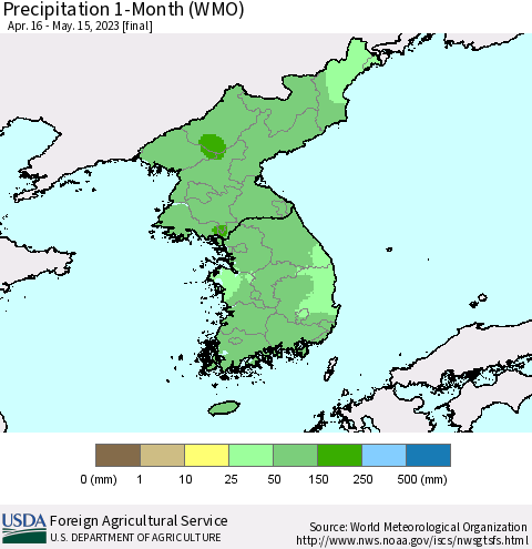 Korea Precipitation 1-Month (WMO) Thematic Map For 4/16/2023 - 5/15/2023