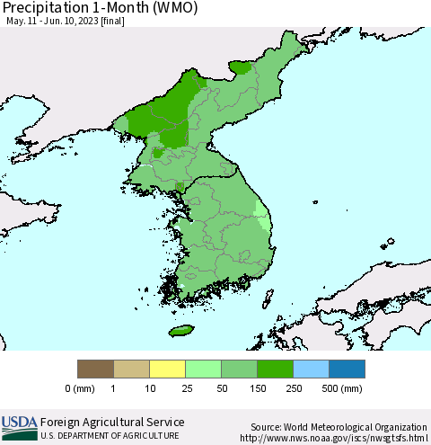 Korea Precipitation 1-Month (WMO) Thematic Map For 5/11/2023 - 6/10/2023