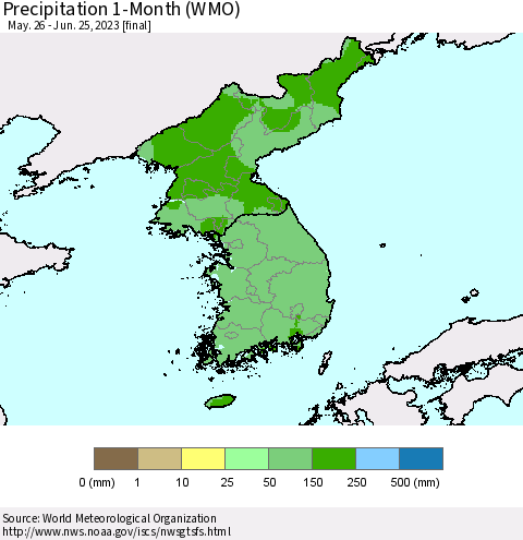 Korea Precipitation 1-Month (WMO) Thematic Map For 5/26/2023 - 6/25/2023