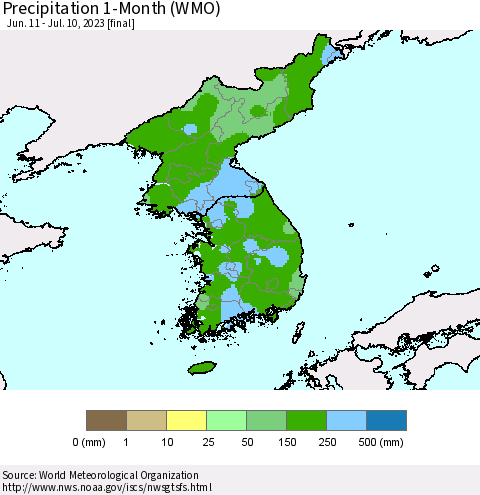 Korea Precipitation 1-Month (WMO) Thematic Map For 6/11/2023 - 7/10/2023