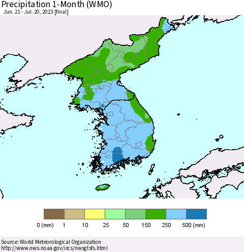 Korea Precipitation 1-Month (WMO) Thematic Map For 6/21/2023 - 7/20/2023