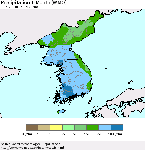 Korea Precipitation 1-Month (WMO) Thematic Map For 6/26/2023 - 7/25/2023