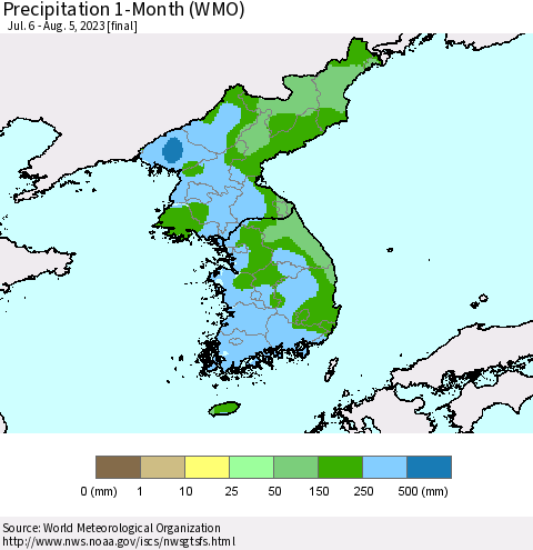 Korea Precipitation 1-Month (WMO) Thematic Map For 7/6/2023 - 8/5/2023
