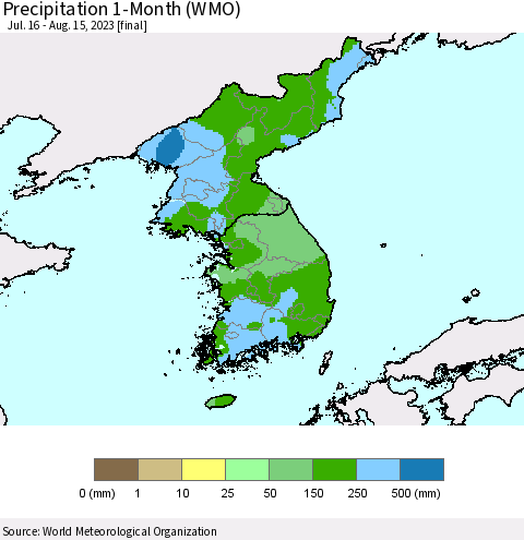 Korea Precipitation 1-Month (WMO) Thematic Map For 7/16/2023 - 8/15/2023