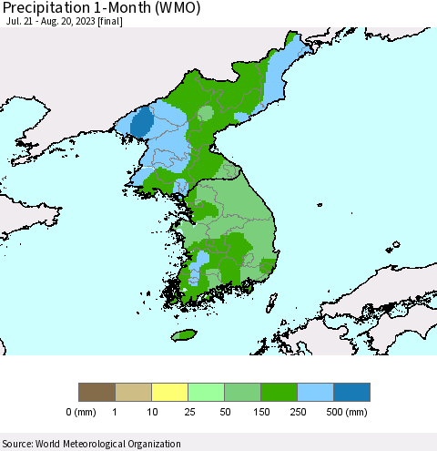 Korea Precipitation 1-Month (WMO) Thematic Map For 7/21/2023 - 8/20/2023