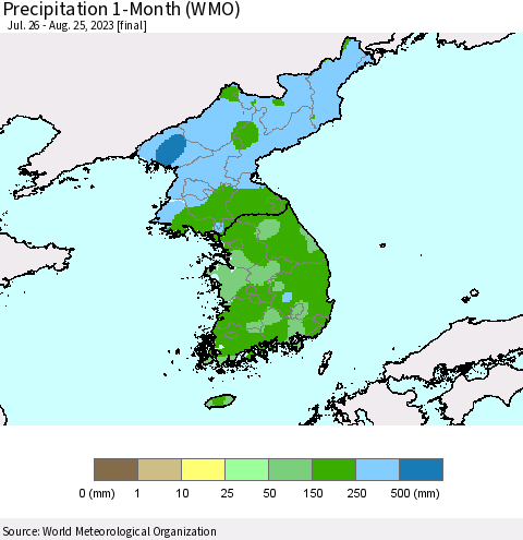 Korea Precipitation 1-Month (WMO) Thematic Map For 7/26/2023 - 8/25/2023