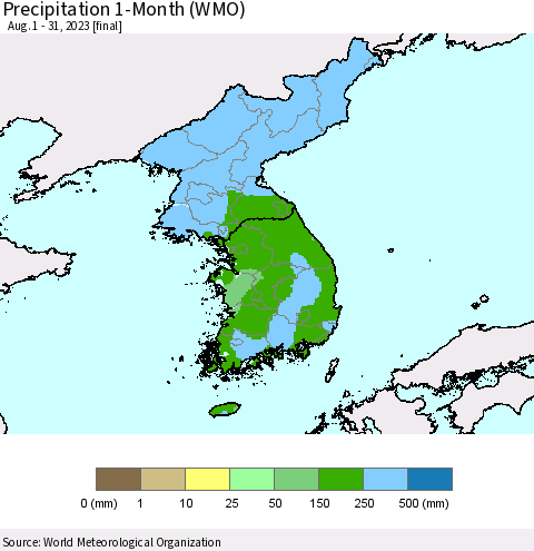 Korea Precipitation 1-Month (WMO) Thematic Map For 8/1/2023 - 8/31/2023