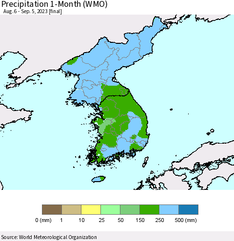 Korea Precipitation 1-Month (WMO) Thematic Map For 8/6/2023 - 9/5/2023
