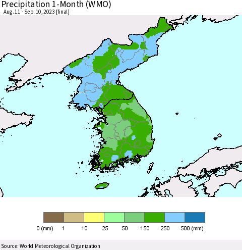 Korea Precipitation 1-Month (WMO) Thematic Map For 8/11/2023 - 9/10/2023