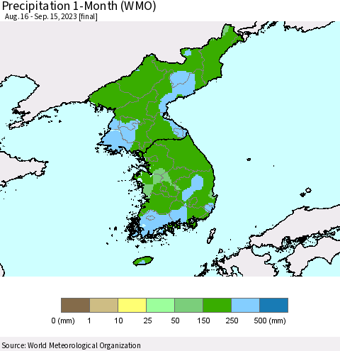 Korea Precipitation 1-Month (WMO) Thematic Map For 8/16/2023 - 9/15/2023
