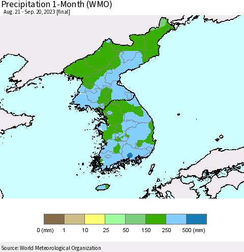 Korea Precipitation 1-Month (WMO) Thematic Map For 8/21/2023 - 9/20/2023