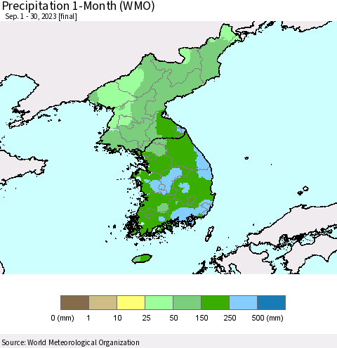 Korea Precipitation 1-Month (WMO) Thematic Map For 9/1/2023 - 9/30/2023