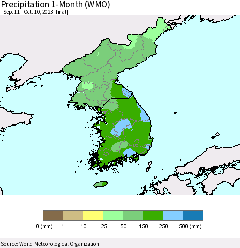 Korea Precipitation 1-Month (WMO) Thematic Map For 9/11/2023 - 10/10/2023