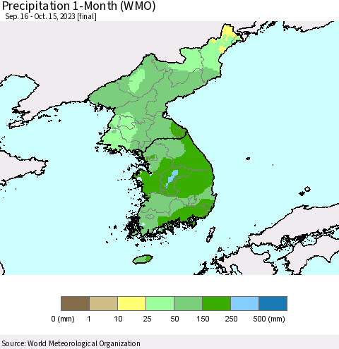 Korea Precipitation 1-Month (WMO) Thematic Map For 9/16/2023 - 10/15/2023